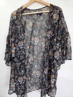 American Eagle Kimono Womens L Black Blue Floral Flutter Sleeve Semi Sheer Boho